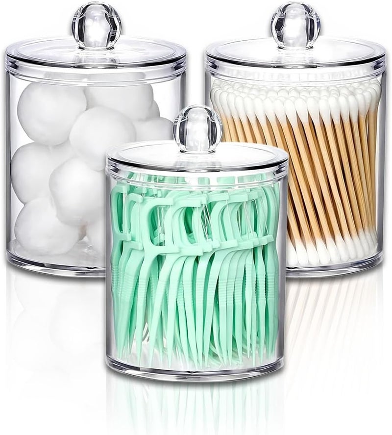 DIYOHFE 3PCS Acrylic Qtip Dispensers Holders With Clear lid, Clear Bathroom Round Countertop Storage Organizer Canister for Cotton Balls,Swabs,Pads,Bath Salts , Makeup Sponges,Tooth Floss - Image 1